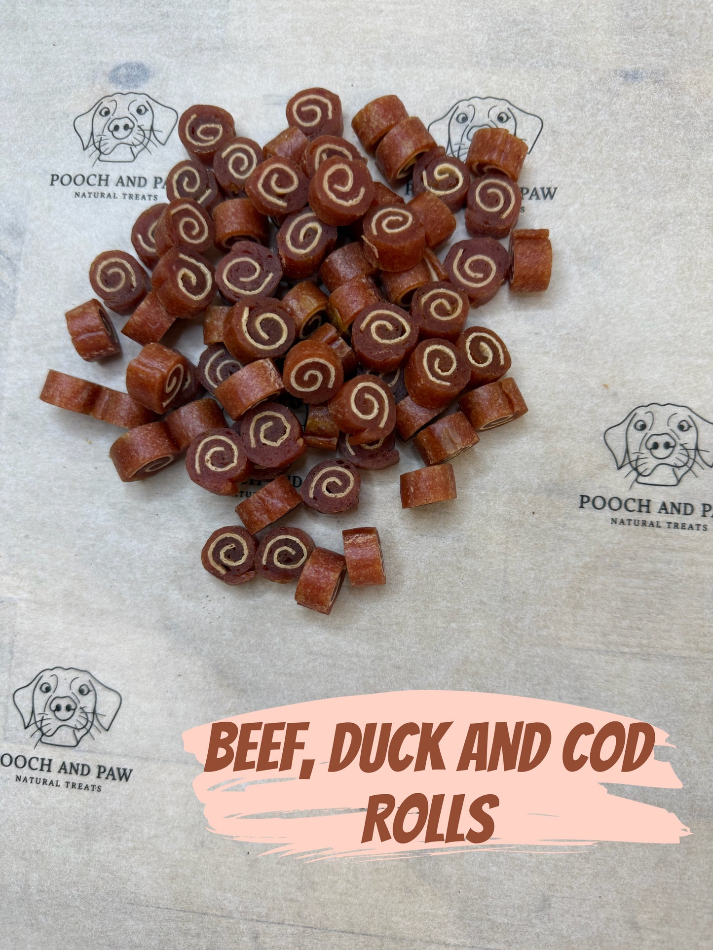 Beef, duck and cod rolls 100g portion