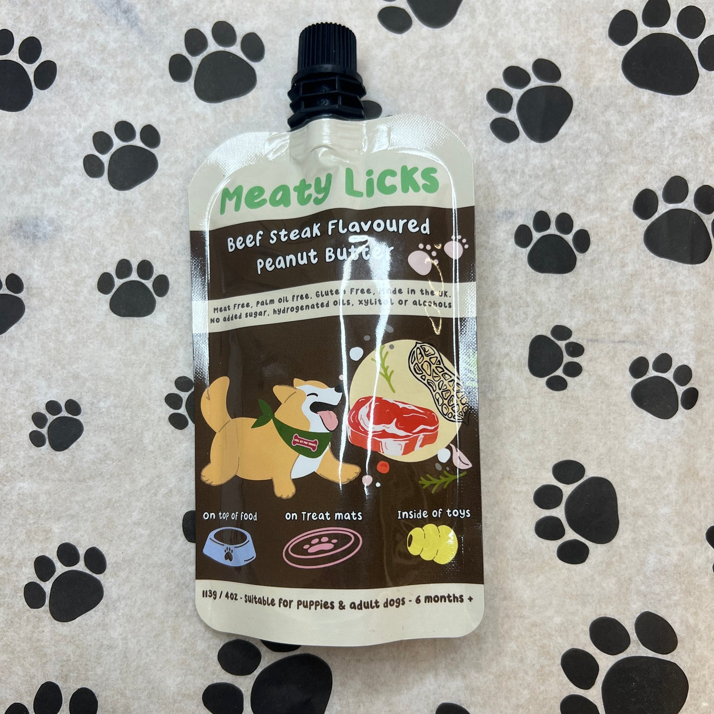 Beef steak flavoured peanut butter pouch - meaty licks 113g