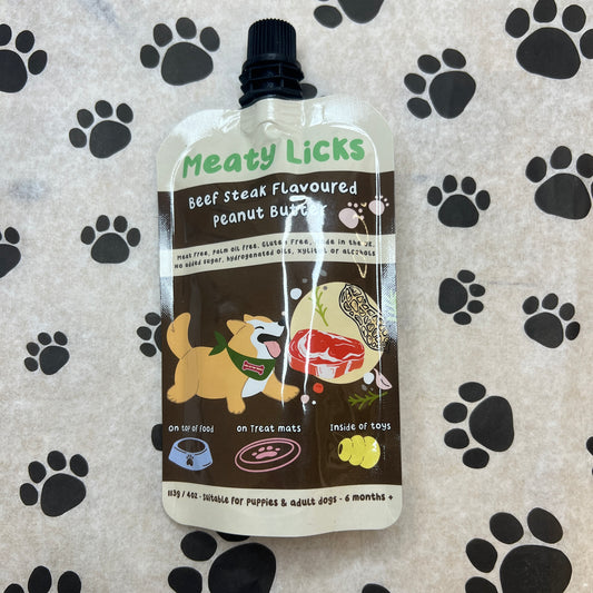 Beef steak flavoured peanut butter pouch - meaty licks 113g