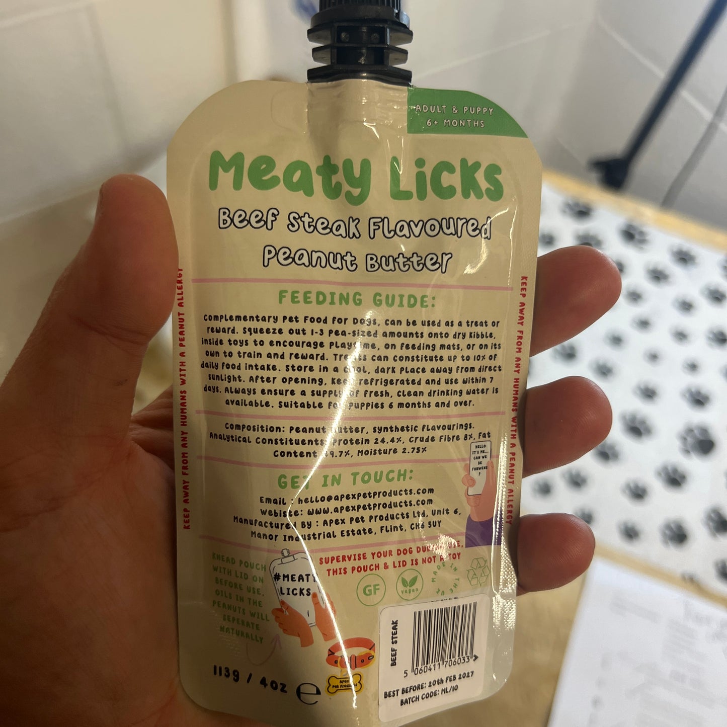 Beef steak flavoured peanut butter pouch - meaty licks 113g