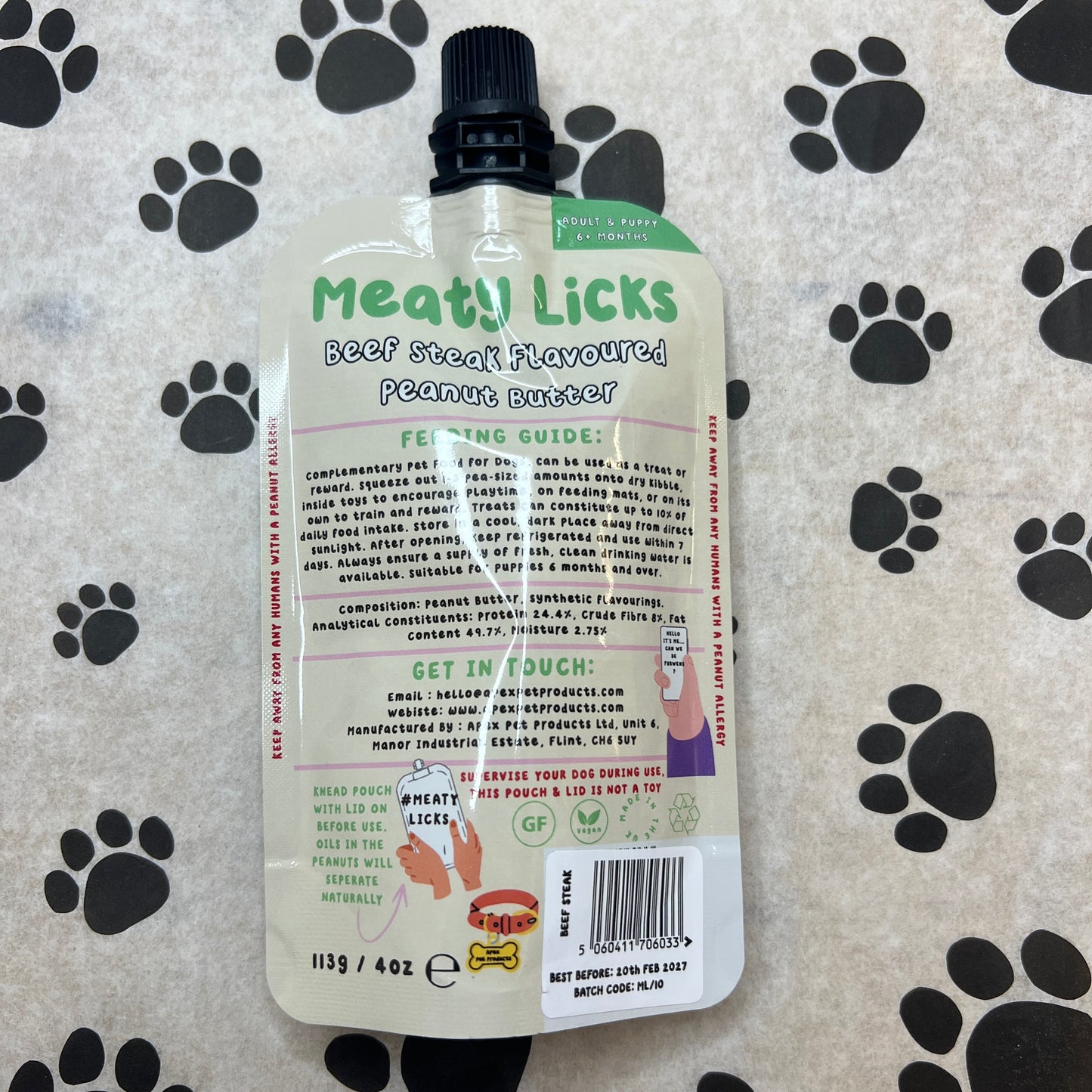 Beef steak flavoured peanut butter pouch - meaty licks 113g